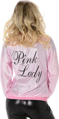 Back view of a woman wearing a pink jacket with "Pink Lady" written on it in black script, and black shiny pants.