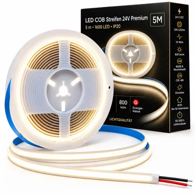Produktbild von MasterLED LED COB Streifen 5 m, 24V DC, 4000K Neutralweiß, 320 LEDs m, 10 Wm, IP20, dimmbar