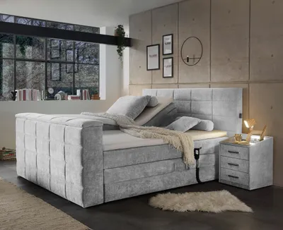 Produktbild von Boxspringbett 180x200 cm, mit TV-Halterung, elektrisch verstellbar und 2 Nachtschränke, Hotelbett in silver DURAZNO-09