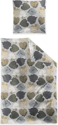 A flat lay of a duvet cover and pillowcase with a leaf pattern.