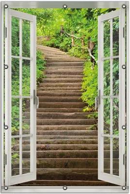 Produktbild von Wallario Outdoor-Poster für Garten oder Balkon 80 x 120 cm: Steintreppe im Wald