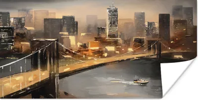 Produktbild von MuchoWow® Poster Gemälde - Öl - Skyline - Stadt - Wasser 150x75 cm - ohne Rahmen