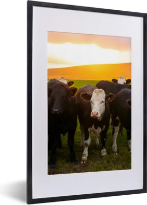 Produktbild von MuchoWow® Gerahmtes Poster Kühe - Hügel - Sonnenuntergang - Gras - Grün 40x60 cm - Poster mit Schwarzem Bilderrahmen Wandposter Rahmen Foto Bilder - Poster in Rahmen