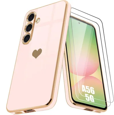 Image de Coque + 2 Verres Trempés pour Samsung Galaxy A56 5G, Motif Coeur Antichoc Souple Anti-Rayures Rose