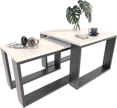 A set of two nesting coffee tables with white tops and dark gray frames, displayed on a white background.