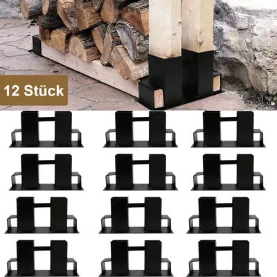 Produktbild von Fiqops Holzstapelhilfe 12er Set, beschichteter Stahl, schwarz, DIY Holzunterstand für Kanthölzer, Holzaufbewahrung 12er
