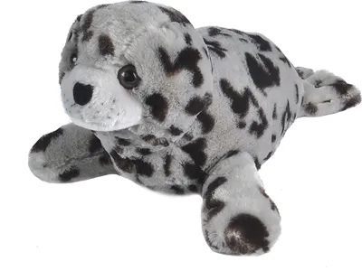 A plush toy seal is lying on a white background.