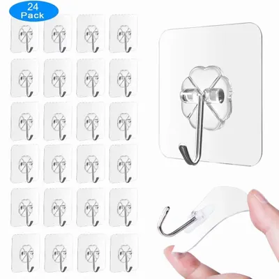Produktbild von 24 Stücke Klebehaken ohne Bohren, Haken selbstklebend, Transparenter Wandhaken, Türhaken Kleiderhaken Wasserfest Ideal für Küche Bad Wand & Decke Aufhänger, Max 10kg