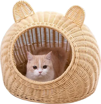Produktbild von Katzenbett mit niedlichen Katzenohren, aus handgewebtem, atmungsaktivem und waschbarem Rattanimitat für alle Jahreszeiten, halboffenes Katzenhaus für drinnen