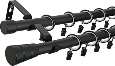 Produktbild von LOFT 120 cm Doppelte Gardinenstange Schwarz 19 mm aus Metall mit Endstück Basic Komplettset mit Ringen und Clips Inklusive Montagezubehörset