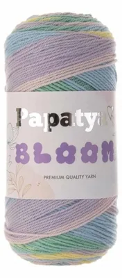 Papatya Bloom Strickgarn in sanften Pastelltönen, Mint, Flieder und Hellgelb – weiches Farbverlaufsgarn für Babykleidung.