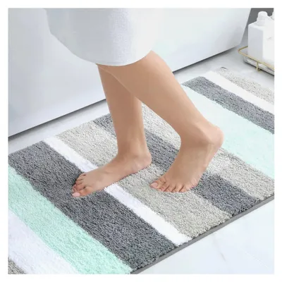 Produktbild von Rutschfester Badezimmerteppich Weich Hochflor Mikrofaser Badematte Saugfähige Badteppiche Waschbar Badvorleger – 60 x 120 cm, Grün/Grau