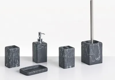 Produktbild von BELIANI Badezimmer Set 5-Teilig Schwarz Kunstharz Betonoptik Marmor-Optik Modern Seifenschale Seifenspender Zahnbürstenhalter Toilettenbürste Becher