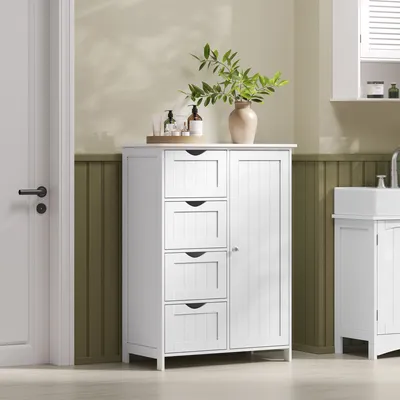 A white bathroom cabinet with four drawers and a cabinet door, placed in a bathroom setting.