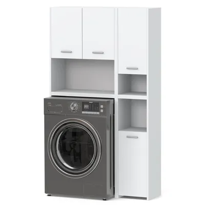 A white cabinet set with a gray washing machine underneath, set against a white background.