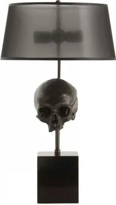 Image de Casa Padrino Lampe de table de luxe Tête de mort noir / laiton antique Ø 35 x H. 77 cm - Lampe à écrire avec abat-jour rond - Luminaires de luxe - Meubles de luxe - Intérieur de luxe