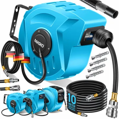Produktbild von MASKO® Automatik Druckluftschlauch Aufroller – Schlauchtrommel mit 1/4" Anschluss, Schlauchaufroller, Wandhalterung, Tragegriff, 180° schwenkbar, Schlauchbremse, vormontiert & sofort einsatzbereit