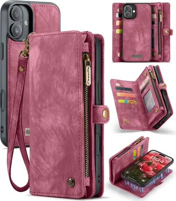 Produktbild von Schutzhülle für iPhone 16, Vintage Multifunktions Lederhülle, Kartenfächer, Reißverschluss Hülle Rot