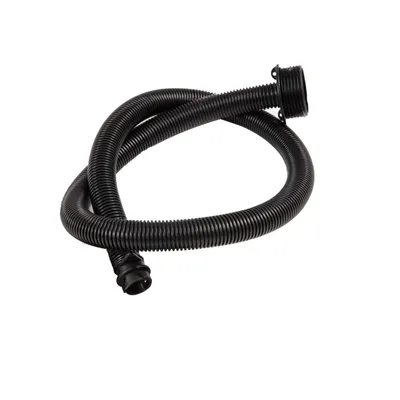 A black flexible hose coiled on a white background.