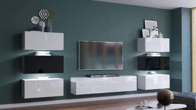 Produktbild von Furnitech Wohnwand Wohnzimmer - Hängend Wohnwand Modern - Regale und TV Schrank - Wohnzimmer Möbel ohne LED (Henri AN72-19WB-HG3 - 1C - 362cm)