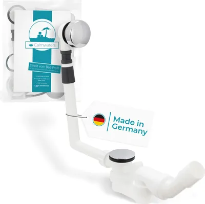 A white bathtub drain assembly kit with chrome accents, presented on a white background.