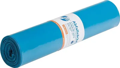 A roll of blue trash bags on a white background.