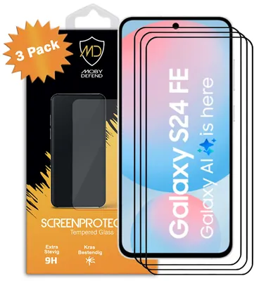 Productafbeelding van 3-Pack MobyDefend Screenprotectors - Geschikt voor  Samsung Galaxy S24 FE  -  Screensavers Met Zwarte Randen - Gehard Glas