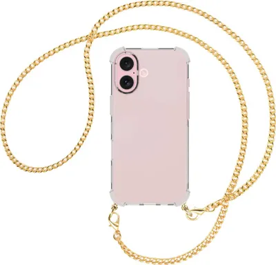 Produktbild von Handykette Backcover-Schutzhülle mit Band (Metall goldfarben) für iPhone 16 - goldfarbene Kette