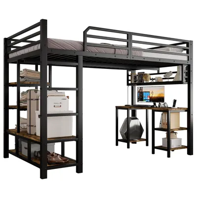 Produktbild von Hochbett mit Schreibtisch und Regal (120x200 cm) Kinderbett mit Rausfallschutz und Leiter, Metallbett