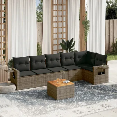 Produktbild von Design 7-tlg. Garten-Sofagarnitur mit Kissen Grau Poly Rattan, Gartenmöbel-Sets 2024 Neu