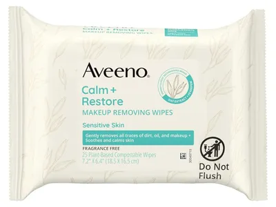 Produktbild von Aveeno Calm + Restore Abschminktücher für Augen, Lippen und Gesicht, Effiziente Makeup-Entfernung, für empfindliche Haut, mit Haferextrakt, Alkoholfrei, 25 Stück