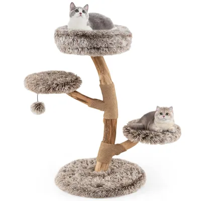 Produktbild von GOPLUS Kratzbaum Holz, 90 cm Katzenbaum mit Jute-Kratzstangen, Plüschsitzflächen & Ball, mehrstöckiger Kletterbaum für Kätzchen, Natur