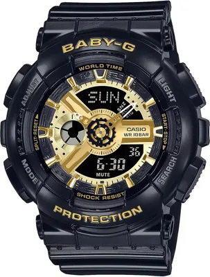 A close-up studio shot of a black and gold Casio Baby-G watch.