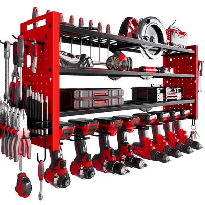 Produktbild von FABATO 4-Ebenen Werkzeug-Wandhalterung mit 8 Akku-Haltern (Rot) 44x29x17cm