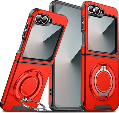 Image de Etui double couche pour Samsung Galaxy Z Flip6 / Z Flip7 FE, avec couvercle coulissant pour l'appareil photo et anneau magnétique Rouge