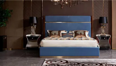 Produktbild von Klassisches Bettgestell Leder Bett Blaue Luxus Betten Schlafzimmer Möbel Doppel