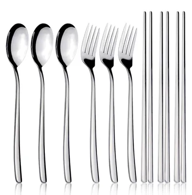 Imagen del producto de Juego de cubiertos de acero inoxidable que incluye cuchara, tenedor y palillos, juego de 3 unidades