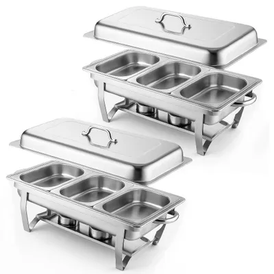 Produktbild von 2x Servierplatte 3 Fächer aus Edelstahl, warmhaltend für Buffet, Hotel & Catering, stabiler, ideal für heiße Speisen