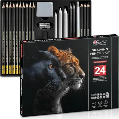 Imagen del producto de Juego de dibujo que incluye 10 lápices de dibujo, 2 lápices de grafito, 4 lápices de carbón, 2 barras de dibujo, un total de 18 piezas, ideal para arte