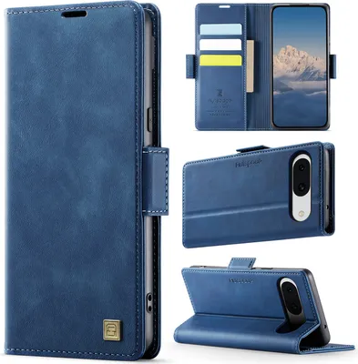 Image de Étui en cuir pour Google Pixel 8A, protection RFID, fermeture magnétique, fentes pour cartes et support Bleu