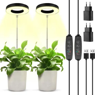 Zdjęcie produktu dla Zestaw 2 lamp LED do roślin, regulowane – pełne spektrum, timer (3/6/12 godzin), 9 poziomów jasności, regulowana wysokość 16,5–60 cm, zasilanie USB 5V/2A