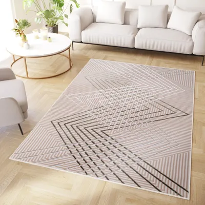 A modern living room with a sofa, coffee table, and a rug.