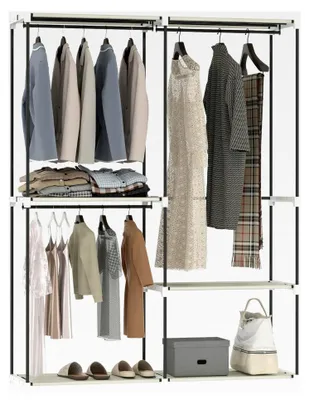 Produktbild von Kleiderschrank, Offener Kleiderschrank mit 4 Regalen und 3 Kleiderstangen, 142x43x185 cm, Metallrahmen, für Schlafzimmer, Wohnzimmer, Ankleidezimmer, Creme