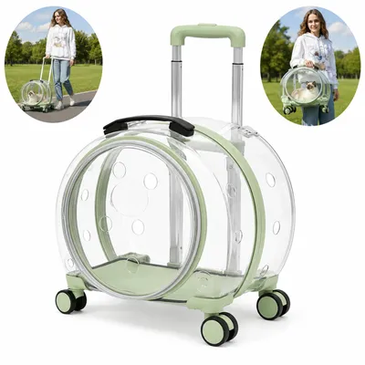 Produktbild von Katzen Transportbox mit Rollen, Haustier Trolley transparent, atmungsaktiv, ausziehbarer Griff, 360° leise Räder, für Reisen & große Katzen