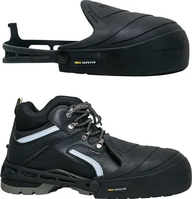 A product image showing a pair of black safety overshoes and a black safety boot.