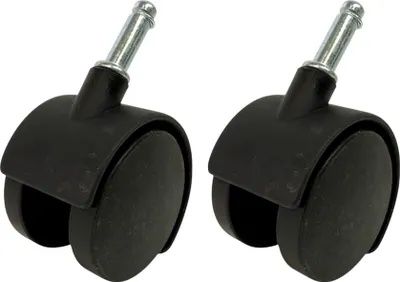 Two black casters with silver stems are shown against a white background.