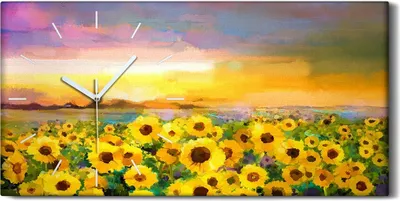 Produktbild von Wanduhr Bürouhr Leinwand Bild 60x30 Gemälde Wiesen Blumen Sonnenuntergang Kunst - weiße Hände