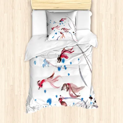 Produktbild von ABAKUHAUS Ethnisch Mantele, Traditionelle Tuschmalerei, Milbensicher Allergiker geeignet mit Kissenbezügen, 135 cm x 200 cm - 80 x 80 cm, Rot und Blau