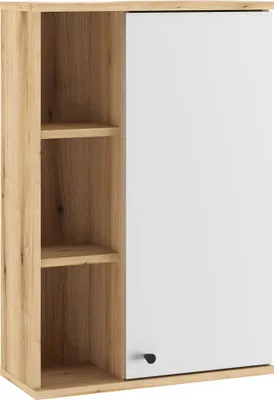 Produktbild von Badezimmer-Hängeschrank 51 cm breit in Eiche mit weiß, 1 Tür, 3 offene Fächer OLEAN-61