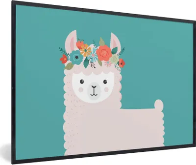 Produktbild von MuchoWow® Gerahmtes Poster Lama - Wolle - Blumen 30x20 cm - Poster mit Schwarzem Bilderrahmen Wandposter Rahmen Foto Bilder - Kunstdruck - Bild-Poster